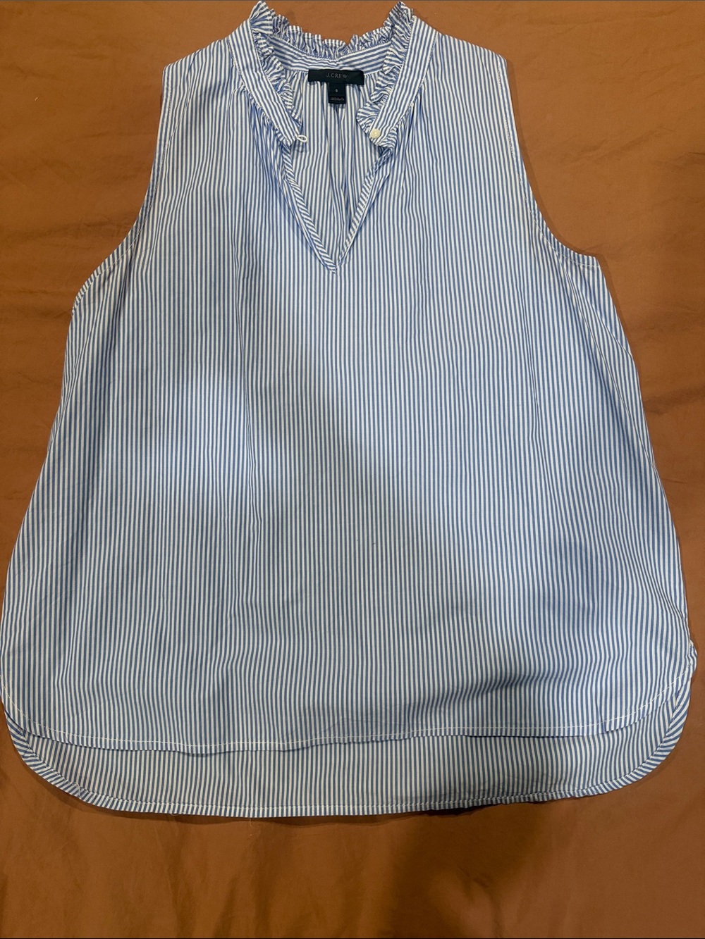 J Crew Blouse Striped Ruffle Neckline Nautical Cabana Preppy Button